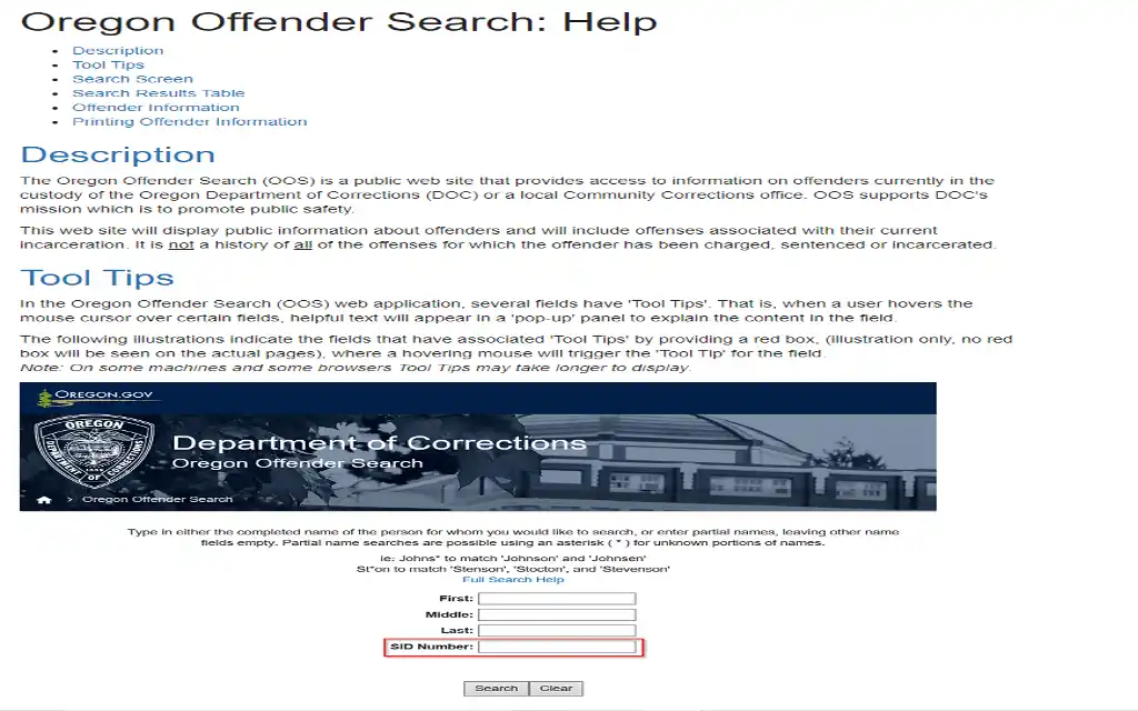 A screenshot of Oregon Offender search which can be checked using first name, last name, and SID number. 