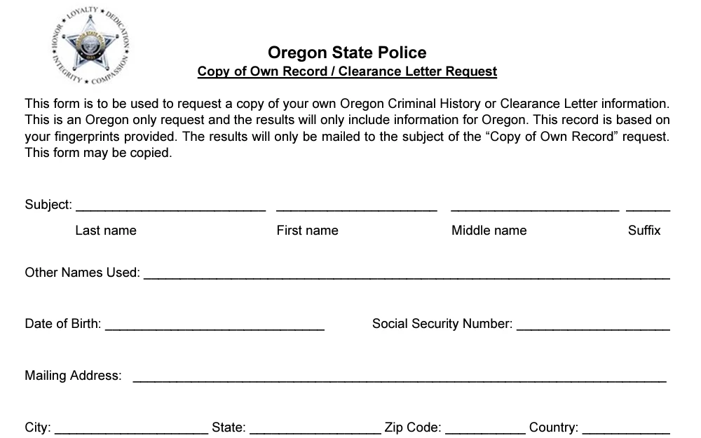 A screenshot of the copy of own record form to request your criminal record.