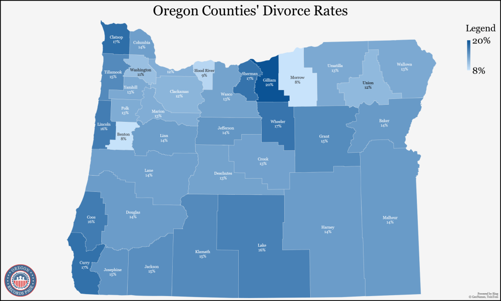 Map of Oregon showing the counties' divorce rates (5-year estimates in 2021). 