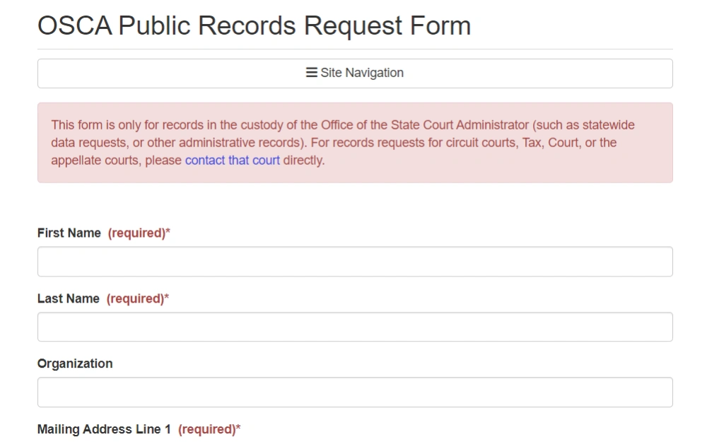 A screenshot of the OSCA public records request form a user is required to submit for official criminal records.