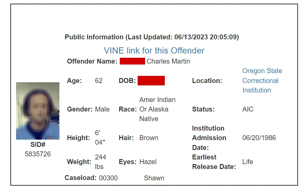 A screenshot of an offender's information which contains the offender’s name, mugshot, age, birth date, gender, race, DOC admission date, earliest release date, etc.