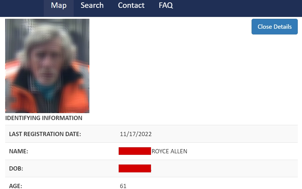 A screenshot of a sex offender's information which includes the inmate's name, mugshot, sex, descriptive information, charges, and offender status.