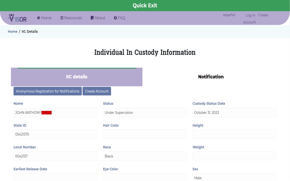 A web interface titled 'Individual In Custody Information' which provides personal and custody details for an inmate named John Anthony Smith, including identification numbers and physical descriptors, without disclosing any specific details related to the individual's parole status or search functionalities.