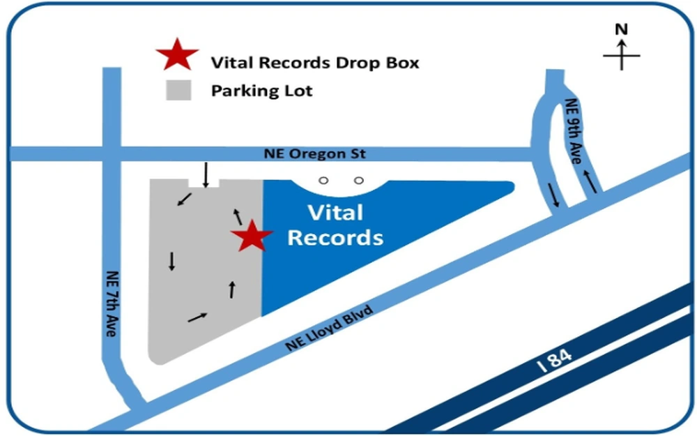 A stylized map indicating the location of a vital records drop box, adjacent parking areas, and surrounding streets, with directional arrows and landmarks for easy navigation.