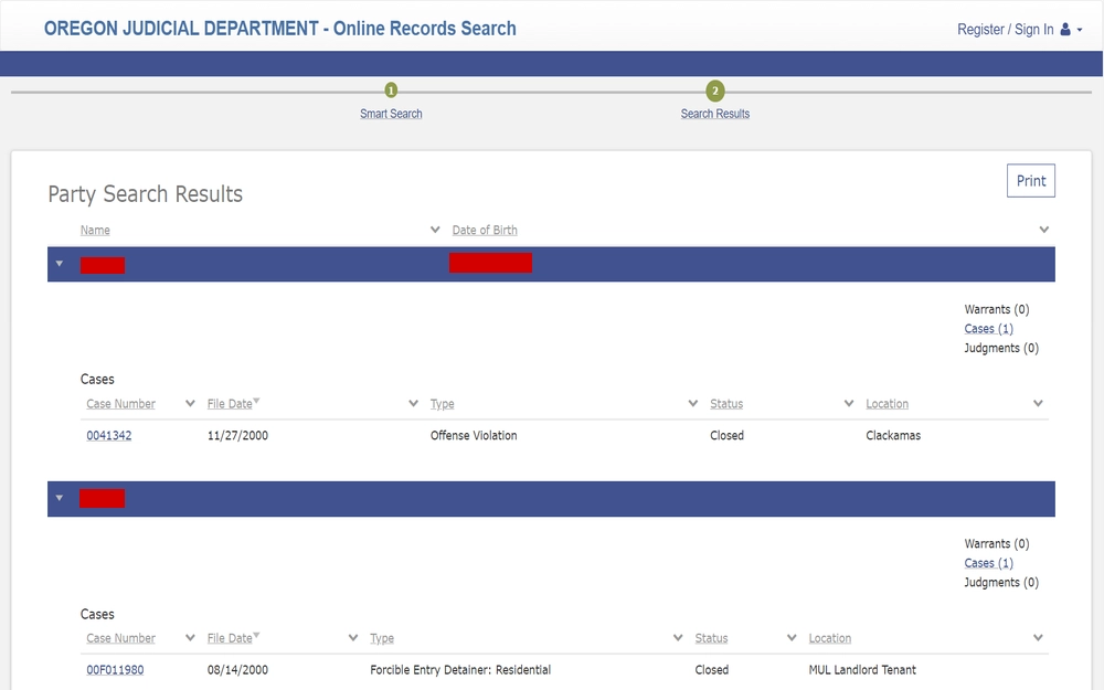 A digital interface showing a search results section with collapsible entries detailing case numbers, filing dates, types of legal actions, their statuses, and associated locations from an online records search platform.
