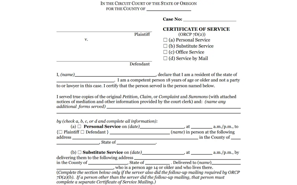 A digital legal form from a circuit court for documenting the service of court documents to a party, detailing the method of delivery, including personal, substitute, and office service options, with spaces for dates, names, and addresses.