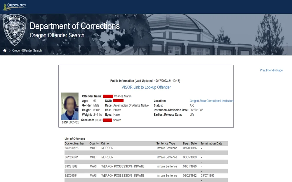 A profile page from the Oregon Department of Corrections, showcasing public details of an offender named Charles Martin Keenan, including personal identifiers, incarceration details, and a list of offenses without reference to specific search functions or parole status.