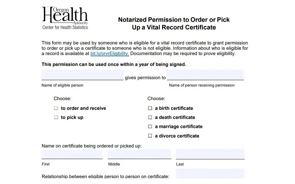 A digital authorization form from a health authority allowing an eligible person to grant permission to another individual to order or collect a specific type of vital record certificate, with options to specify the type of certificate and personal details of both the eligible individual and the recipient of permission.