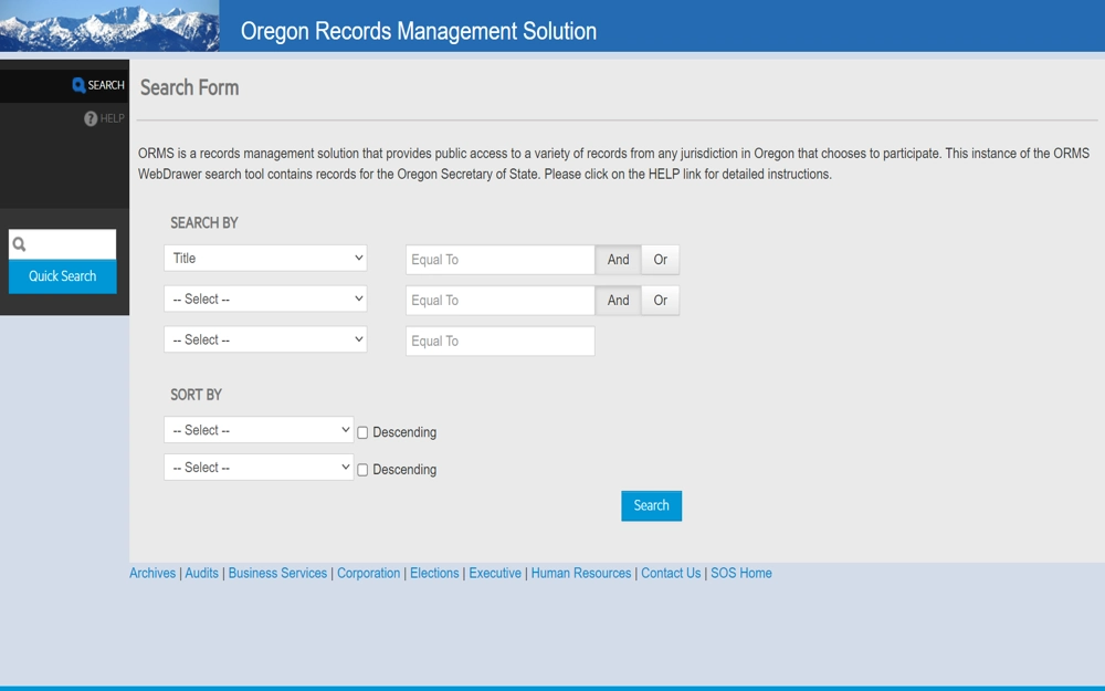 A digital search form interface from a records management solution, offering public access to various records, with options to search by multiple criteria, sort results, and links to additional resources and help information.