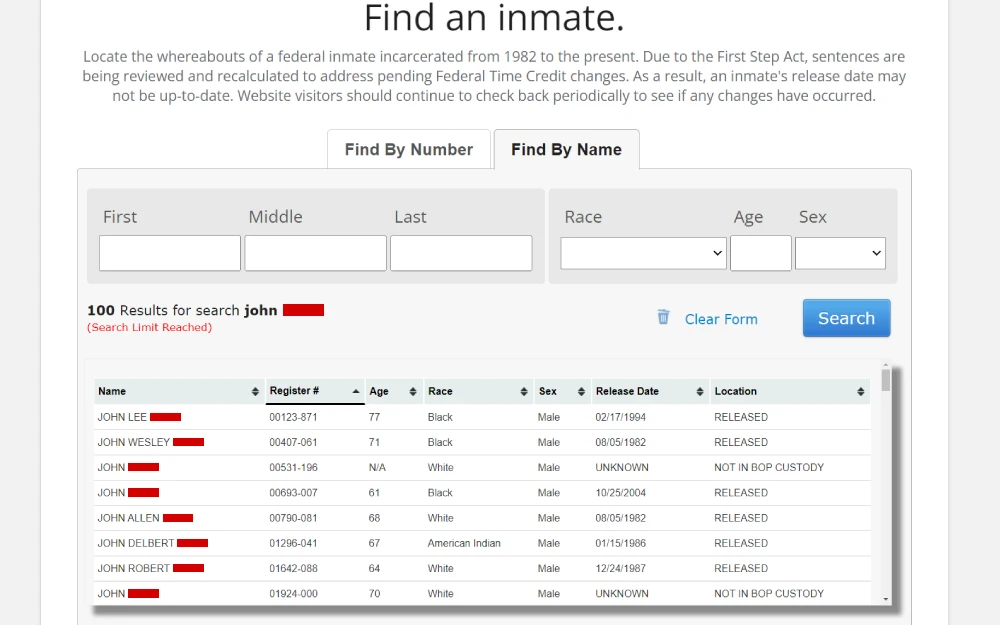 A screenshot shows a user interface from a federal database where individuals can look up currently or previously incarcerated persons by name or number, displaying a list of names, registration numbers, ages, races, sexes, release dates, and locations for entries corresponding to a common name search, highlighting the database's functionality and the volume of results.