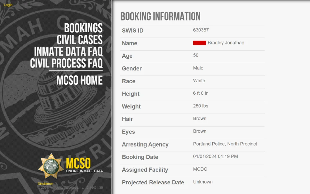 A screenshot detailing an individual's booking information from the Multnomah County Sheriff's Office, including identification number, personal attributes, and custody details, without specifying the nature of the records or the reason for custody.