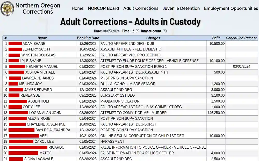 A tabulated list from the Northern Oregon Corrections website showing individuals in custody, their booking dates, the charges against them, bail amounts, and their scheduled release dates, providing an overview of current detainees without indicating the search criteria or the legal basis for detention.