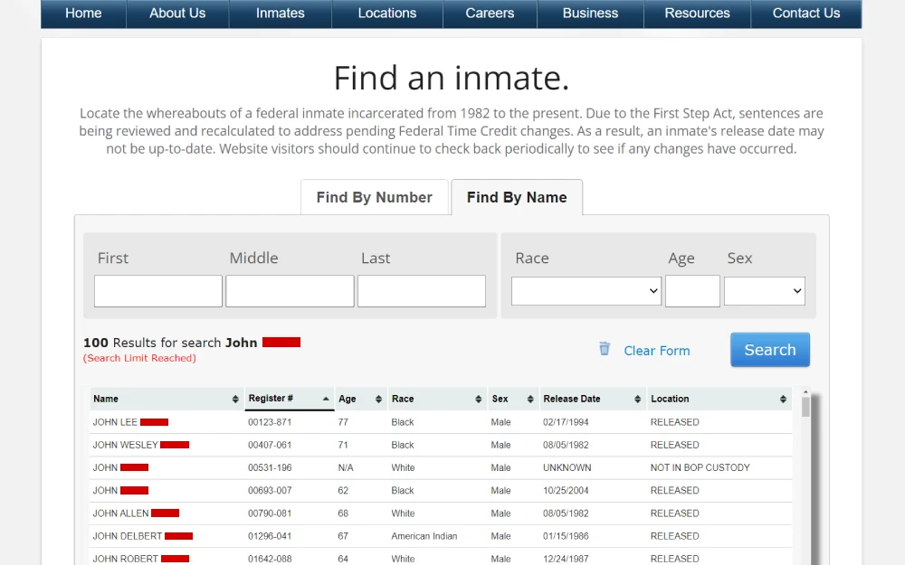 A screenshot from the Federal Bureau of Prisons featuring a search form by name and a list of individuals with details like register number, age, race, sex, release date, and location.