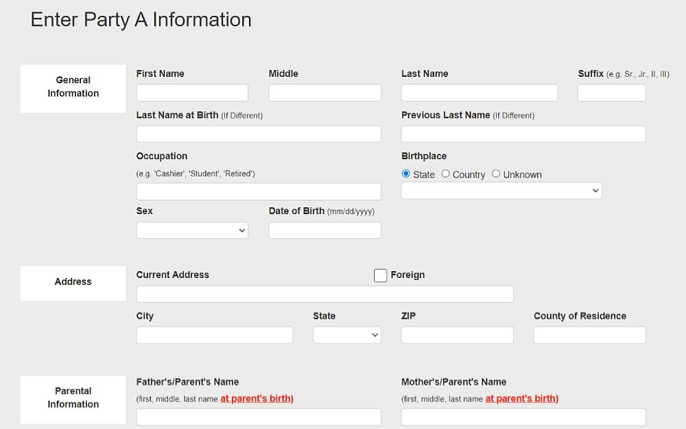 A screenshot shows an online marriage application form with details to fill in, such as general information (first name, middle, last name, suffix, last name at birth, occupation, sex, and date of birth), address (city, state, ZIP and count of residence), and parental information (father's and mother's complete name).