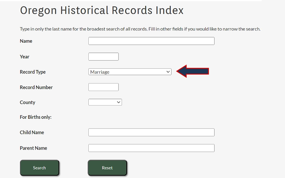 A screenshot displaying an Oregon historical records index from the Oregon Secretary of State website with search criteria: name, year, record number, child's and parent's name, record type and county dropdown box, and search and reset green button.