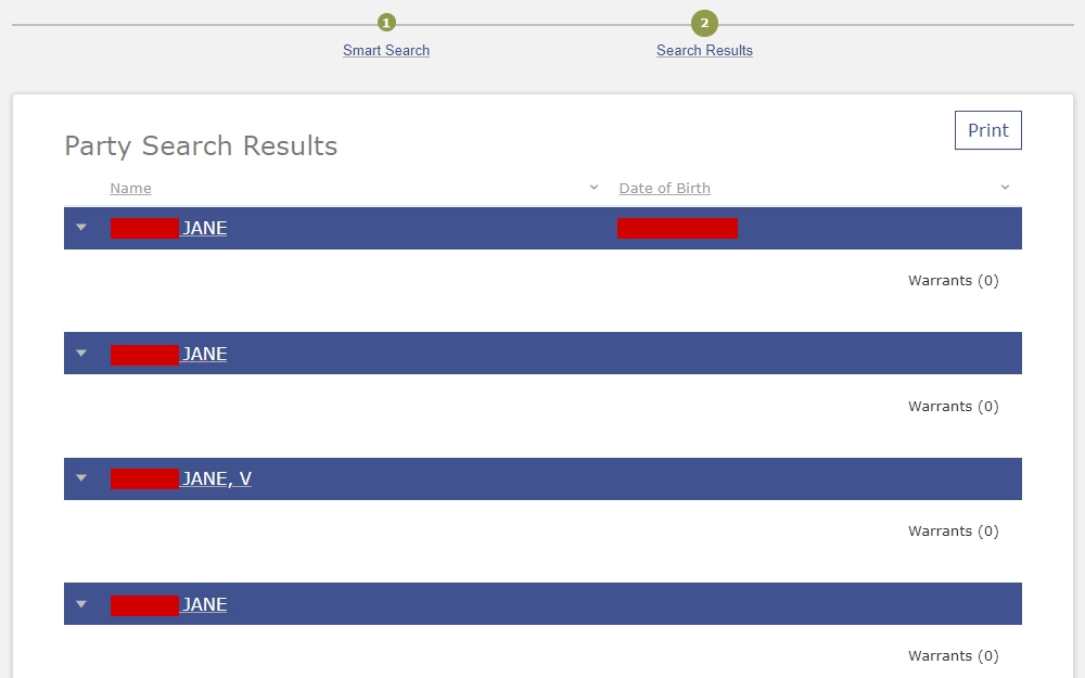 A screenshot from the smart search feature of the Oregon Judicial Department shows the results in a list, including the party name, date of birth, and number of warrants, if applicable, along with a numbered progress line at the top of the page.