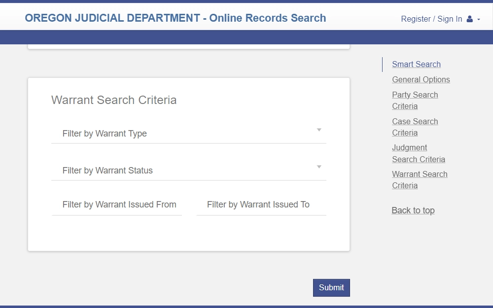 A screenshot displays the warrant search criteria section of the online records search of the Oregon Judicial Department, with fields dedicated for warrant type, status, and date range, along with the menu for the other criteria options placed on the right side.