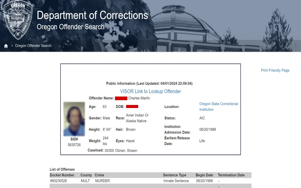 A screenshot from the Oregon Department of Corrections displays an offender's profile with a photo, personal details like age and physical attributes, and information on the institution and sentence for a specific crime.