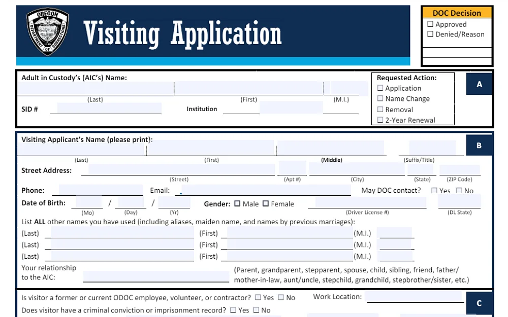 A screenshot displaying a visiting application that requires information such as the adult in custody's AIC name, SID number, visiting applicant's name, street address, phone number, date of birth and more.