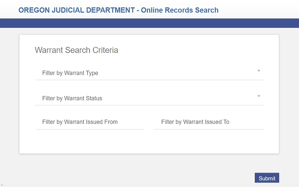 A screenshot of an online records search warrant search criteria from the Oregon Judicial Department website, with filter options by warrant type, status, and date issued duration.